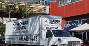 Moving truck parked on a residential street in San Diego