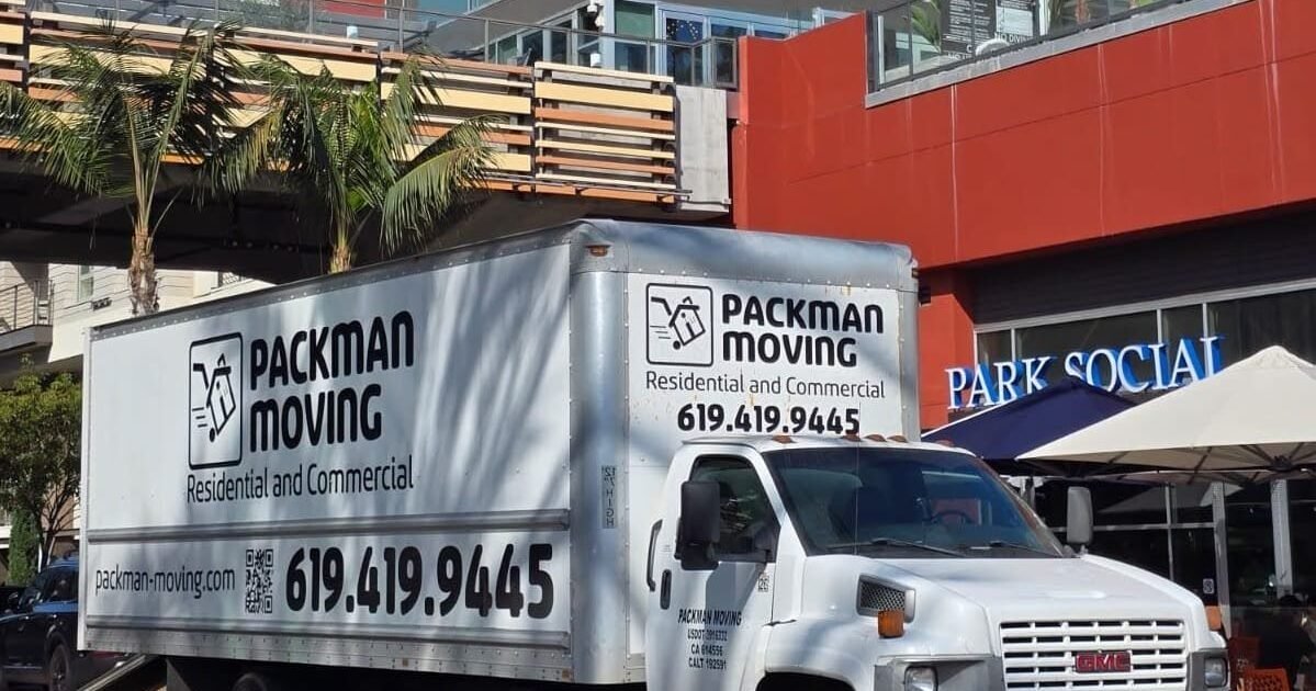 Moving truck parked on a residential street in San Diego